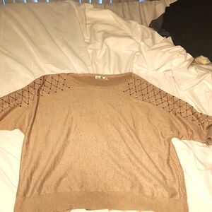 Beige 3/4 Sleeve Boatneck Sweater With Shiny Stud Detail On Sleeves. Size 3X